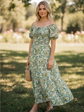 Smocked Off-Shoulder Floral Maxi Dress in Yellow & Green